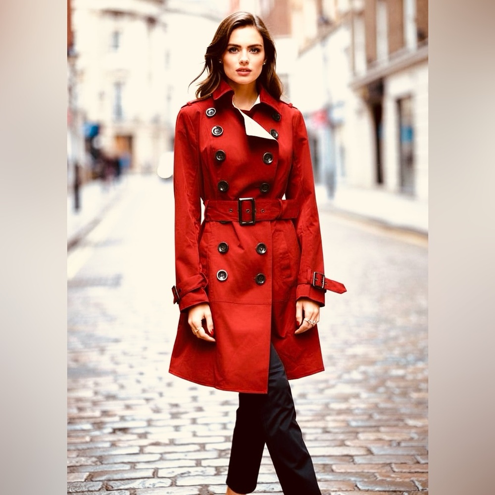 Worthington Lined Red Raincoat Black Buttons Long Sleeve Collared Belt
